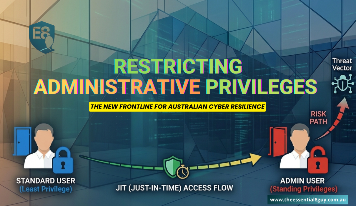 Infographic diagram showing 'Admin User (Unlocked)' vs. 'Standard User (Restricted Access)' under the 'Essential Eight' logo to illustrate Restricting Administrative Privileges.