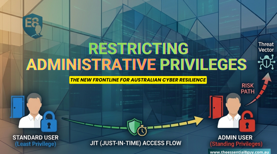 Infographic diagram showing 'Admin User (Unlocked)' vs. 'Standard User (Restricted Access)' under the 'Essential Eight' logo to illustrate Restricting Administrative Privileges.